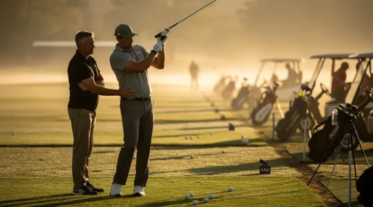 Golfeur travaillant son swing avec un pro sur un practice au lever du soleil, ambiance de stage intensif