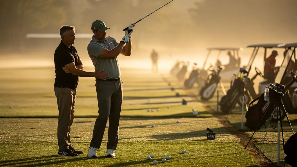 Golfeur travaillant son swing avec un pro sur un practice au lever du soleil, ambiance de stage intensif