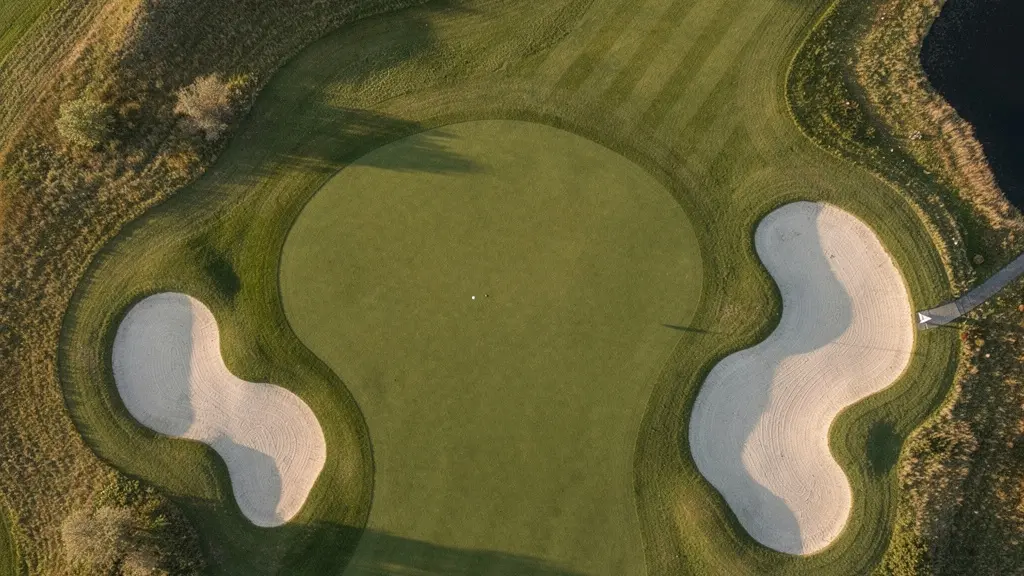 Vue aérienne d'un fairway montrant deux balles à des positions stratégiques différentes, symbolisant le jeu d'échecs du match play