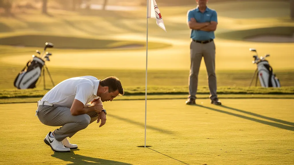 Deux golfeurs face à face sur un green, l'un observant attentivement l'autre qui se prépare à putter, illustrant la tension psychologique du match play