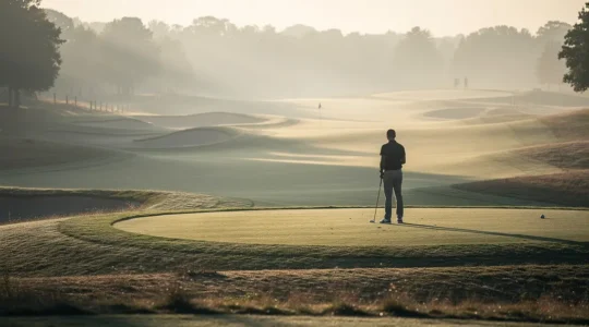 Un golfeur analysant stratégiquement le parcours depuis une position élevée avec vue panoramique