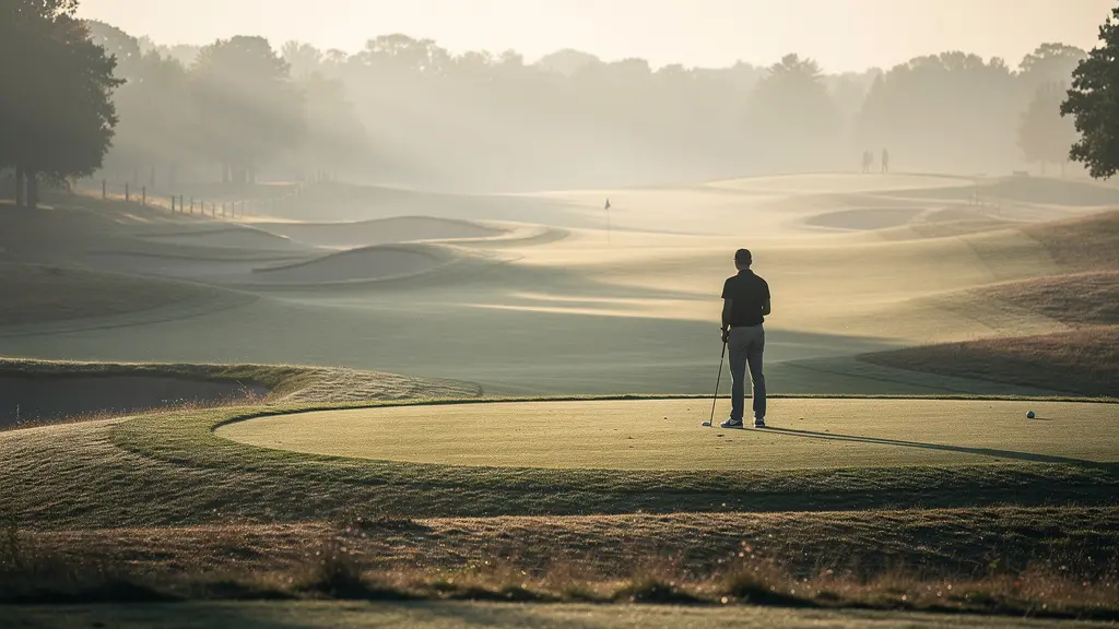 Un golfeur analysant stratégiquement le parcours depuis une position élevée avec vue panoramique