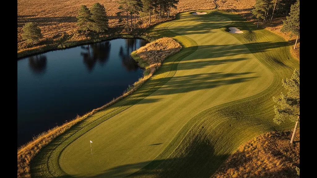 Vue aérienne d'un fairway avec zones de sécurité matérialisées loin de l'obstacle d'eau