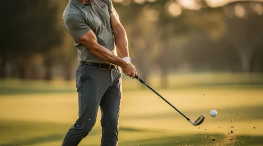 Golfeur professionnel en plein swing montrant la séquence biomécanique complète depuis la montée jusqu'à la traversée