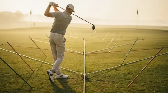 Golfeur analysant son swing avec des lignes de plan matérialisées par des baguettes d'alignement sur un practice