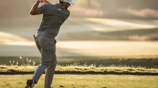 Golfeur professionnel au moment de l'impact montrant le transfert de poids parfait sur la jambe avant avec extension dynamique