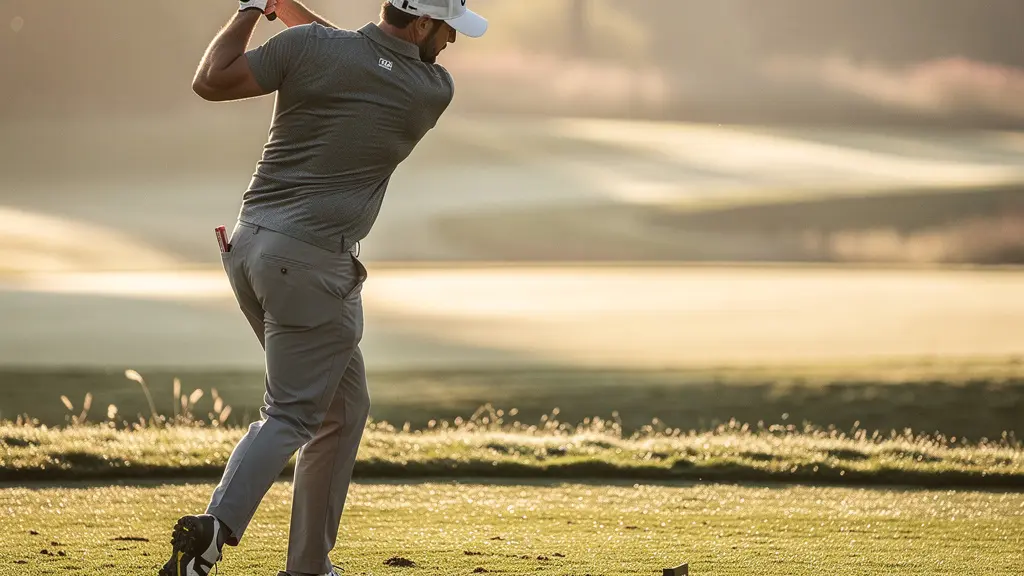 Golfeur professionnel au moment de l'impact montrant le transfert de poids parfait sur la jambe avant avec extension dynamique