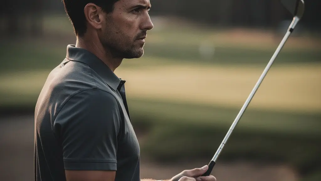 Golfeur en position de concentration pré-swing visualisant sa trajectoire