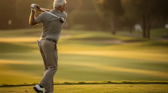 Golfeur senior exécutant un swing puissant sur un parcours verdoyant au lever du soleil