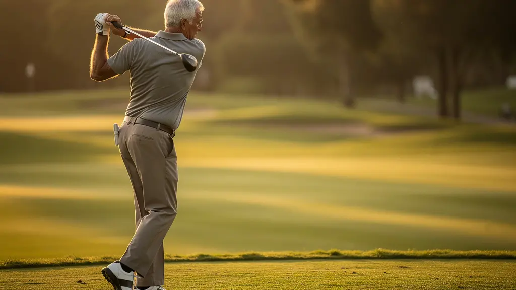 Golfeur senior exécutant un swing puissant sur un parcours verdoyant au lever du soleil