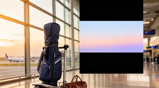 Sac de golf dans sa housse de voyage posé sur un chariot d'aéroport avec une lumière matinale dorée, évoquant le départ serein d'un voyage golfique