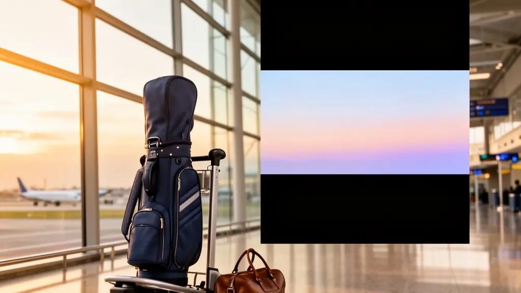 Sac de golf dans sa housse de voyage posé sur un chariot d'aéroport avec une lumière matinale dorée, évoquant le départ serein d'un voyage golfique