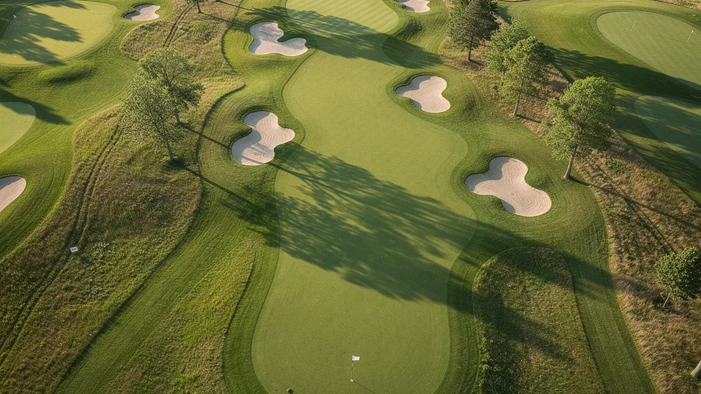 Vue aérienne d'un trou de golf montrant les zones de danger et les trajectoires stratégiques
