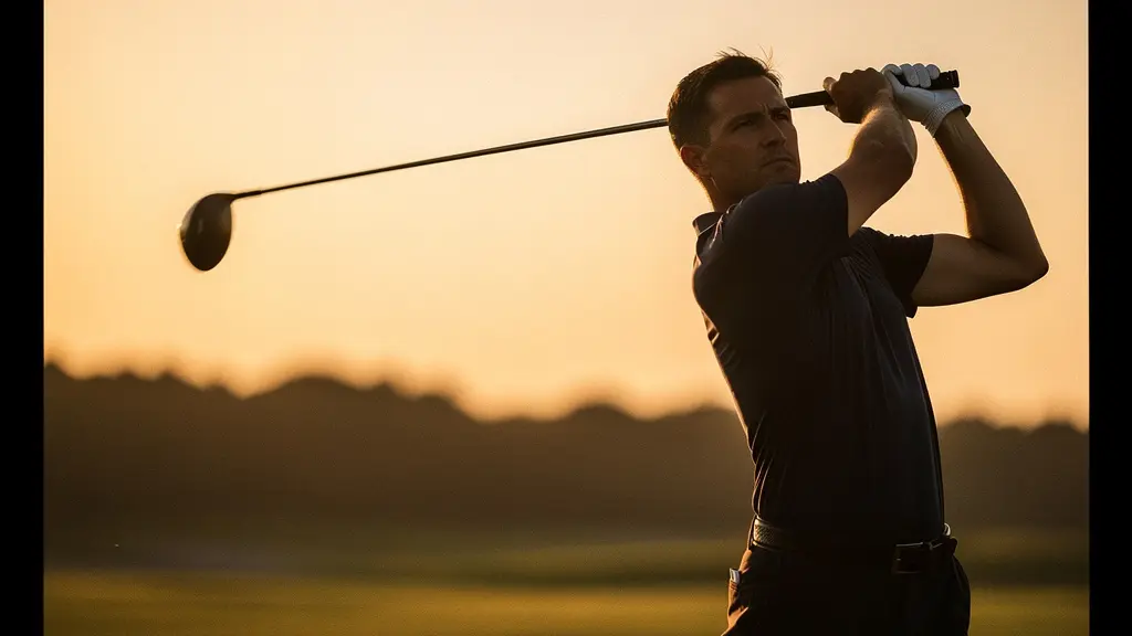 Silhouette d'un golfeur en plein swing fluide au coucher du soleil, illustrant la fluidité du mouvement comparable à une balançoire Silhouette d'un golfeur en plein swing fluide au coucher du soleil, illustrant la fluidité du mouvement comparable à une balançoire