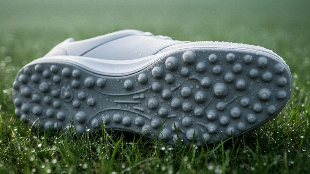 Gros plan sur une chaussure de golf spikeless posée sur du gazon humide de rosée matinale, montrant les détails de la semelle à picots souples Gros plan sur une chaussure de golf spikeless posée sur du gazon humide de rosée matinale, montrant les détails de la semelle à picots souples